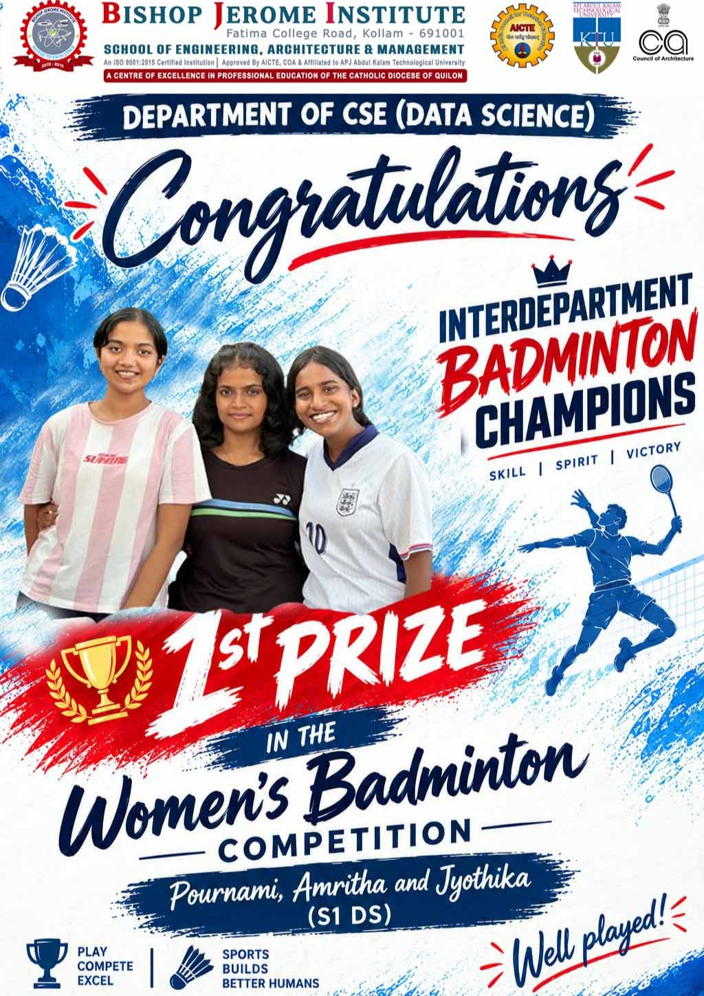 CSE (Data Science) Wins Interdepartment Women's Badminton Tournament | Bishop Jerome Institute